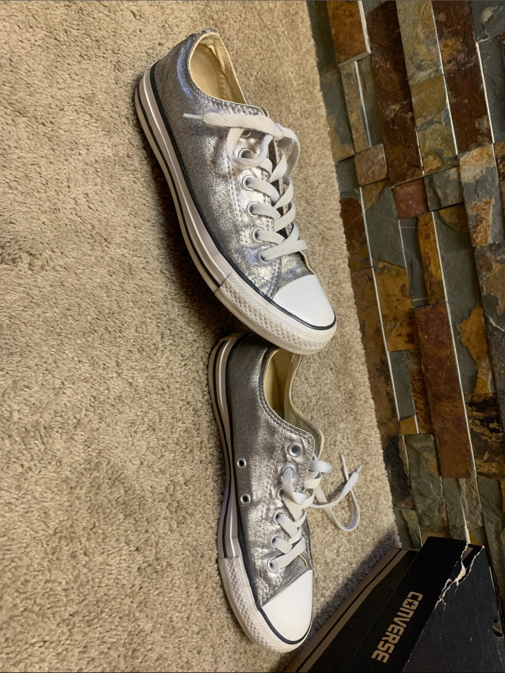 Converse Silver Metallic gunmetal gray Low Top Sneakers with White Accents 7 - Picture 4 of 8